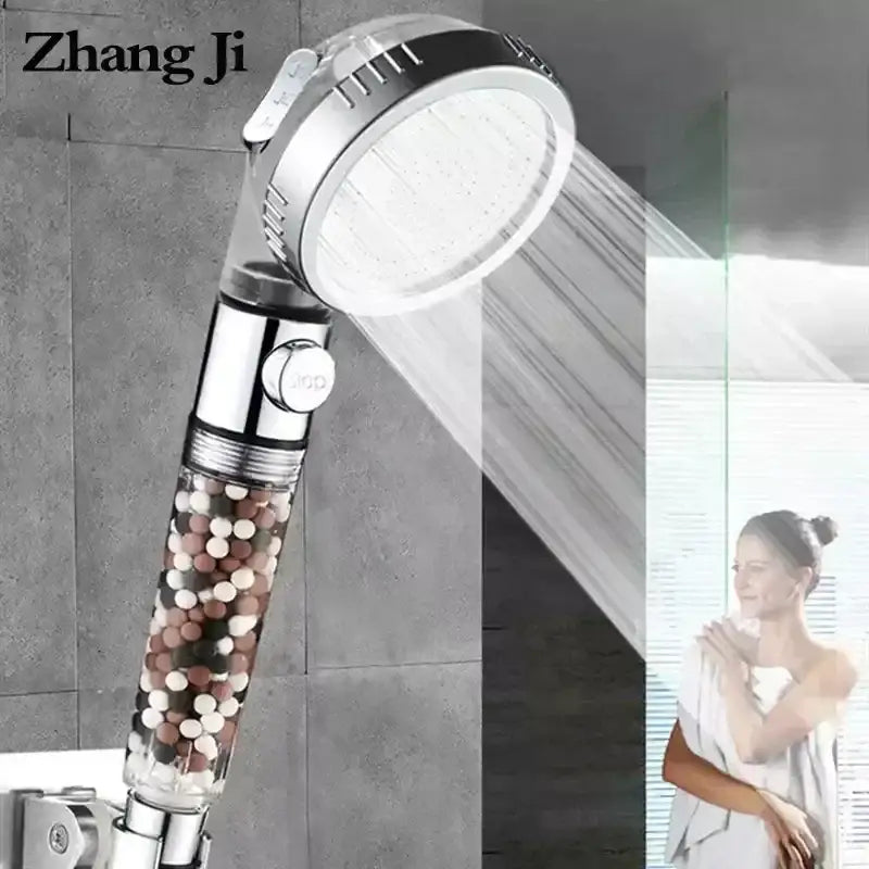 Chrome silver-toned zhang ji high pressure water saving shower head with transparent filter housing and multicolored beads