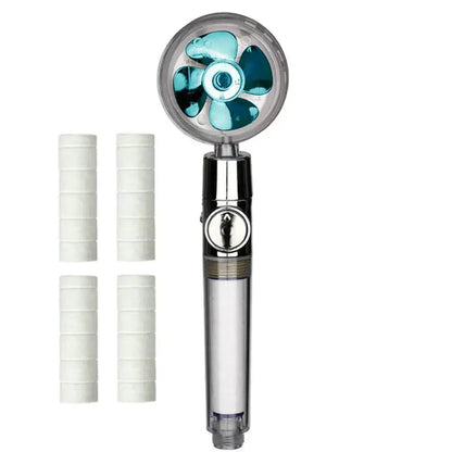 Chrome high pressure water saving shower head with chrome finish and transparent housing revealing teal fan blades inside