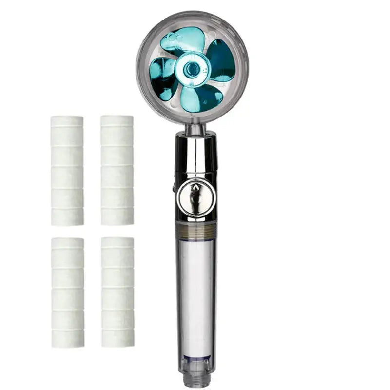 Chrome high pressure water saving shower head with chrome finish and transparent housing revealing teal fan blades inside