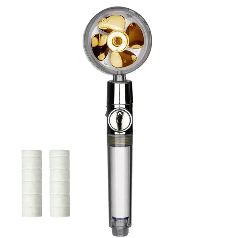 Gold five-bladed shower head with chrome handle and transparent filter housing for high pressure water saving use