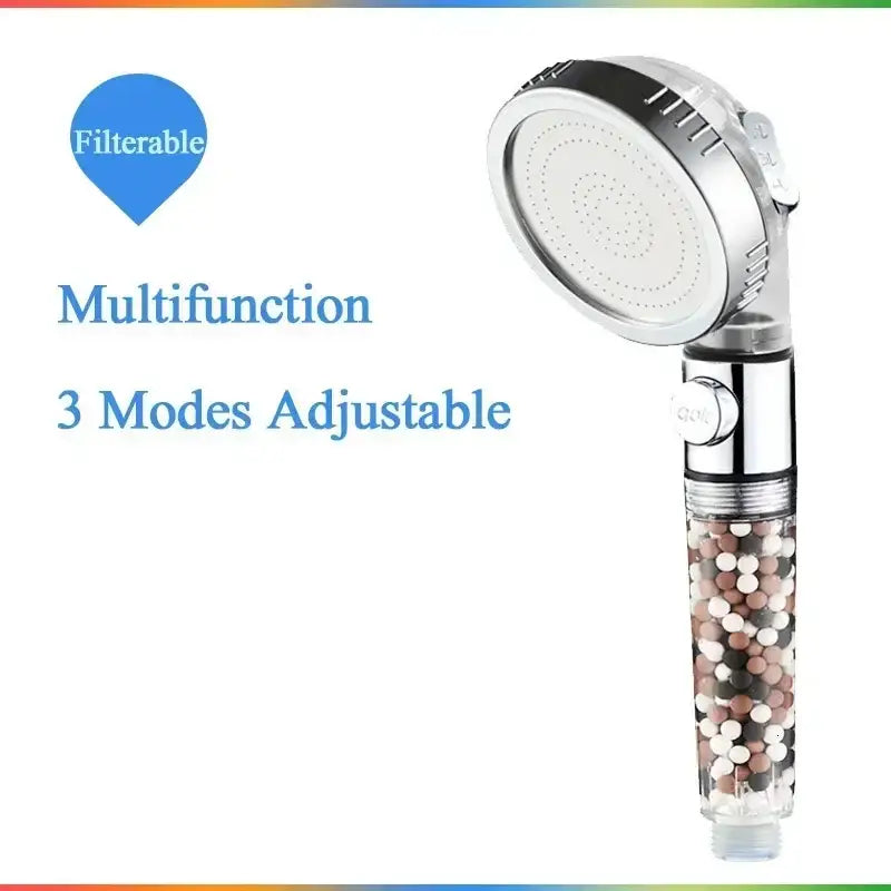 Chrome high pressure water saving shower head with silver finish and transparent filter housing with multicolored beads