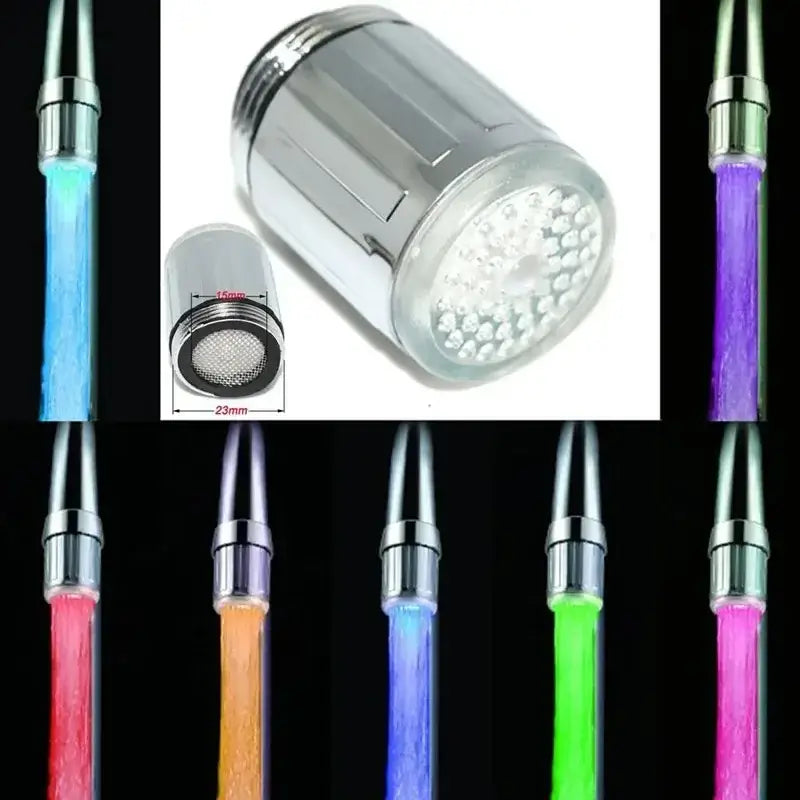 Chrome finished led water faucet aerator with clear circular face housing multiple light emitting diodes decorbites led water