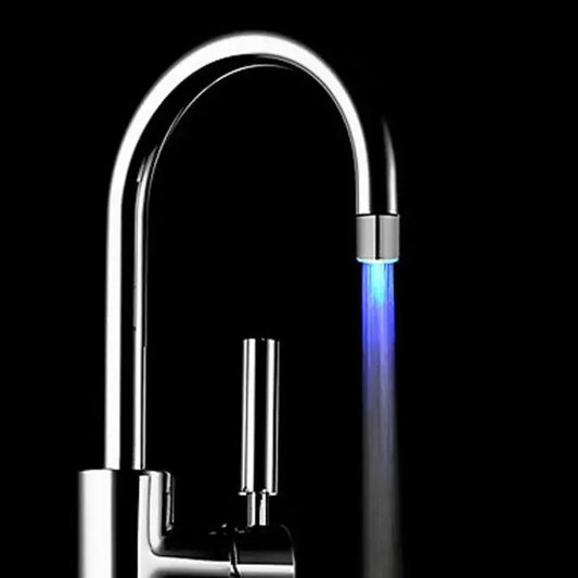 Chrome led water faucet aerator with a sleek curved spout emitting blue led light for kitchen decorbites led water use