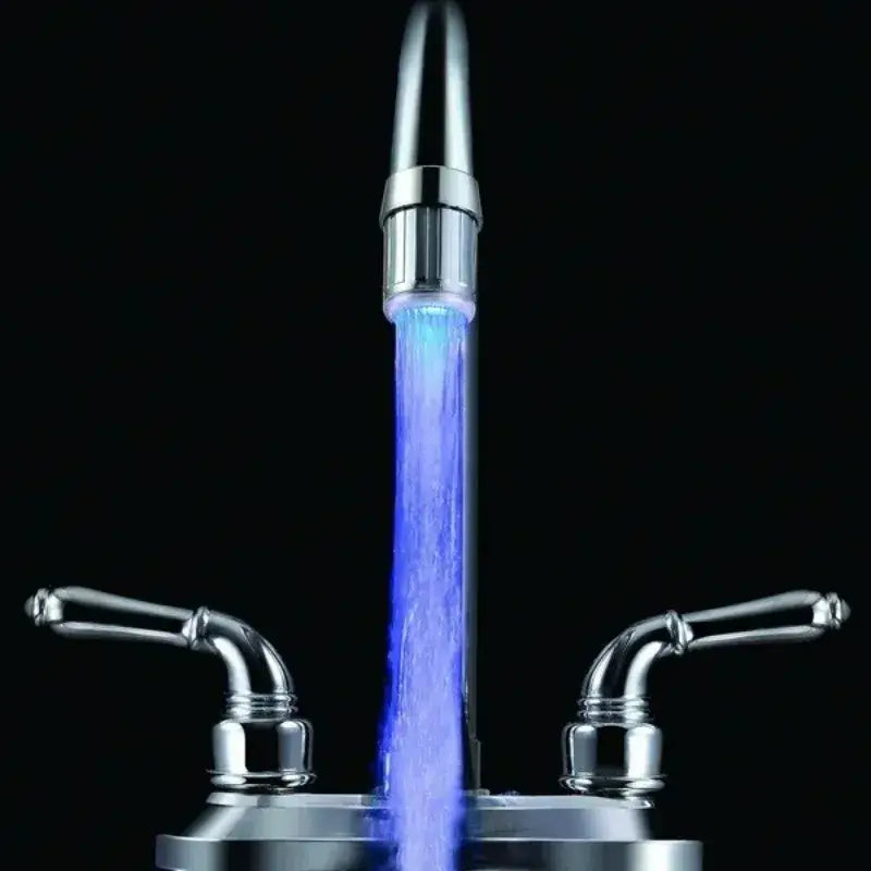Chrome led water faucet aerator with sleek modern design and blue led lighting in flowing water stream for kitchen decorbites led water
