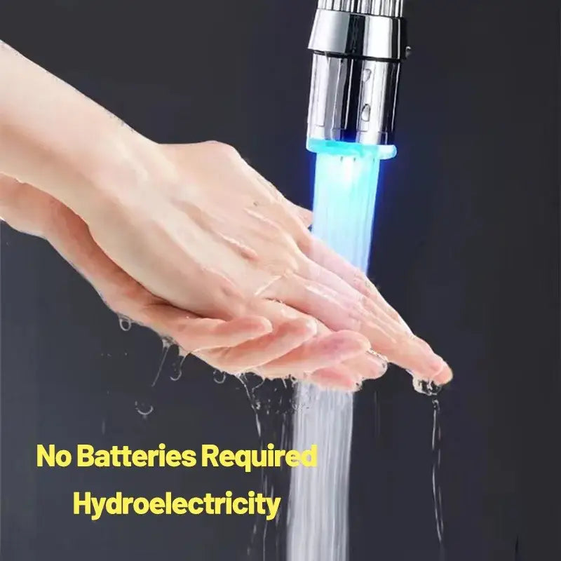 A sleek chrome led water faucet aerator with blue hydroelectric water stream for kitchen decorbites led water use