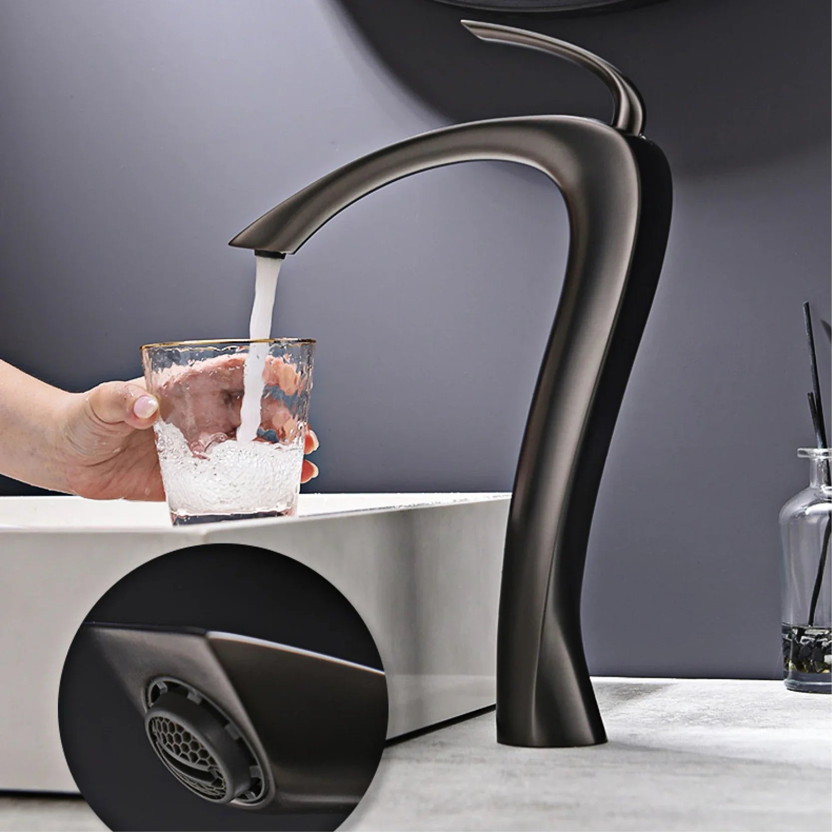 Modern matte black deck mounted bathroom vanity faucet with single handle and single hole cold water control ceramic valve