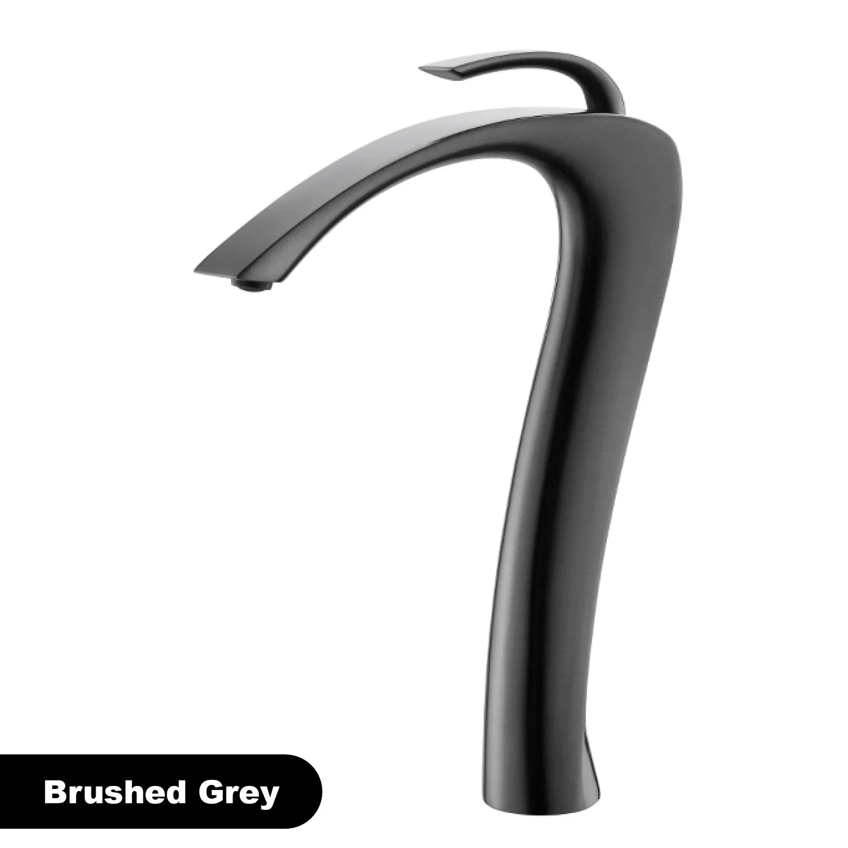 Brushed grey modern deck mounted single hole waterfall faucet with sleek curved design and cold water control