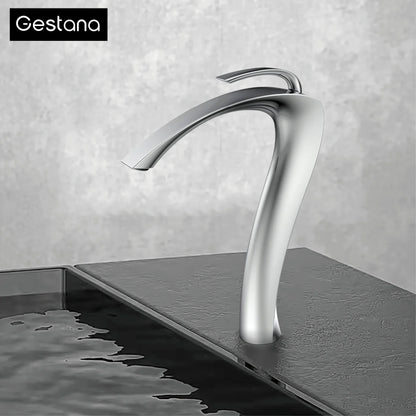 Silver-finished chrome luxury brass single hole modern deck mounted waterfall faucet with cold water control