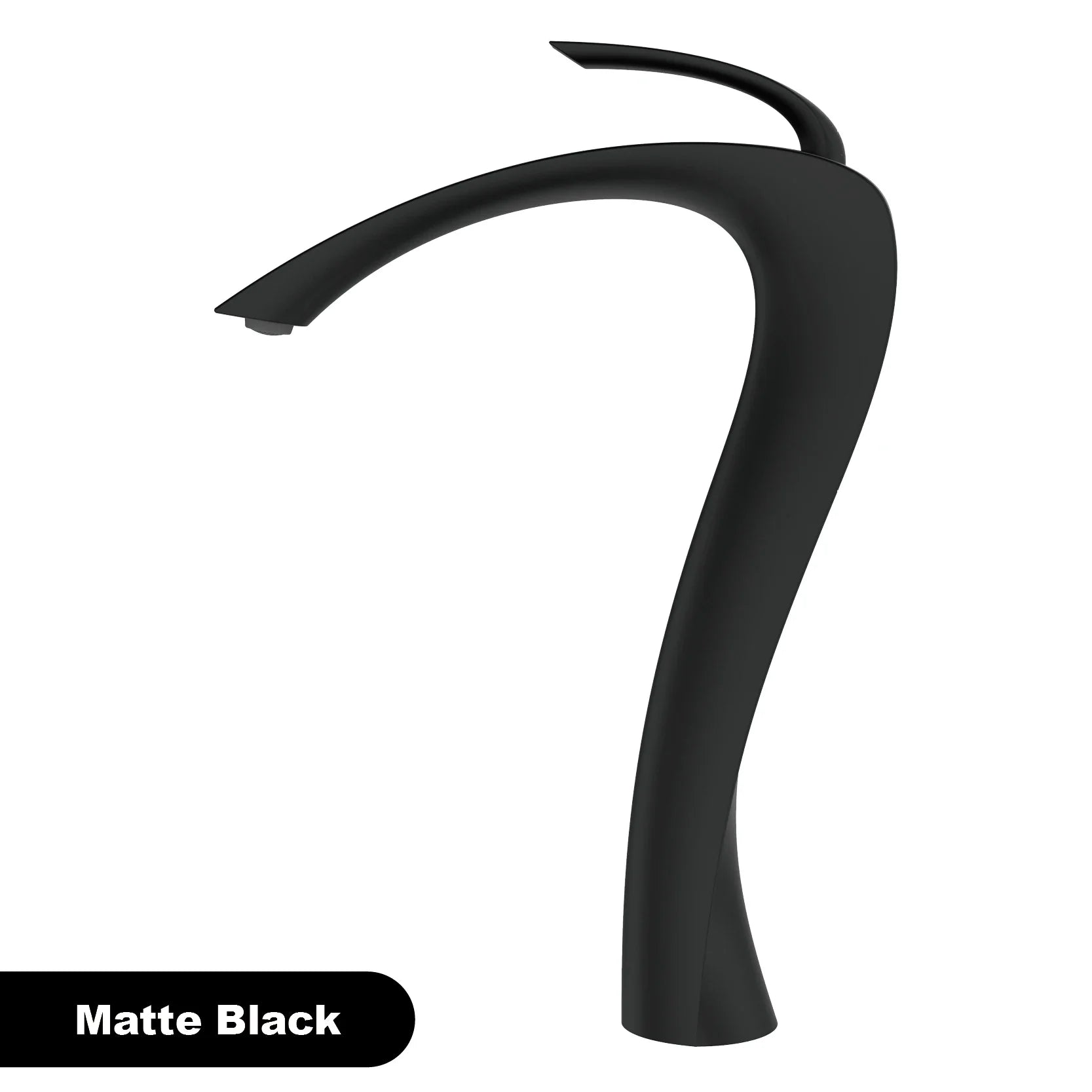 Matte black modern single hole bathroom faucet with sleek curved design, brass housing material, and cold water control