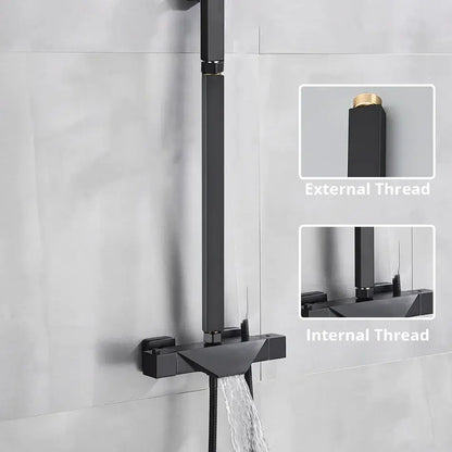 Modern matte black shower faucet extension tube with sleek angular design and brass-threaded connections for bathroom use