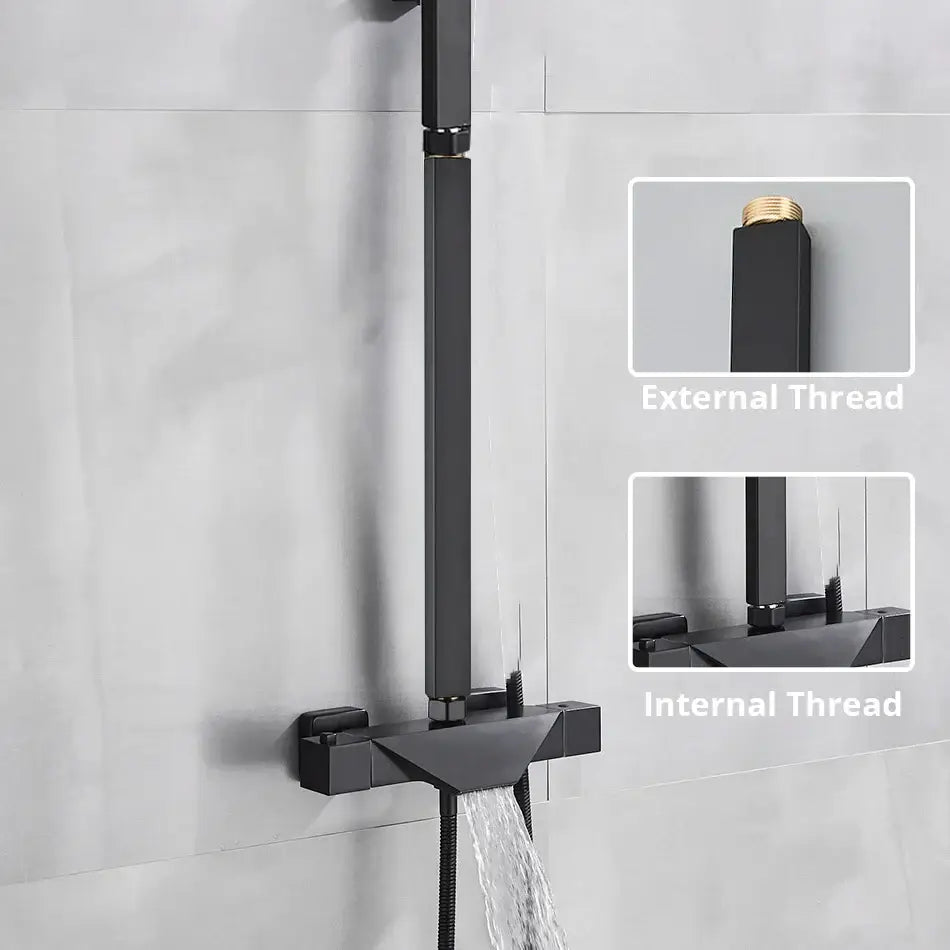 Modern matte black shower faucet extension tube with sleek angular design and brass-threaded connections for bathroom use