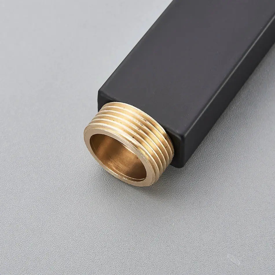 Black rectangular extension tube with brass threaded end cap for chrome shower faucet extension use in bathroom