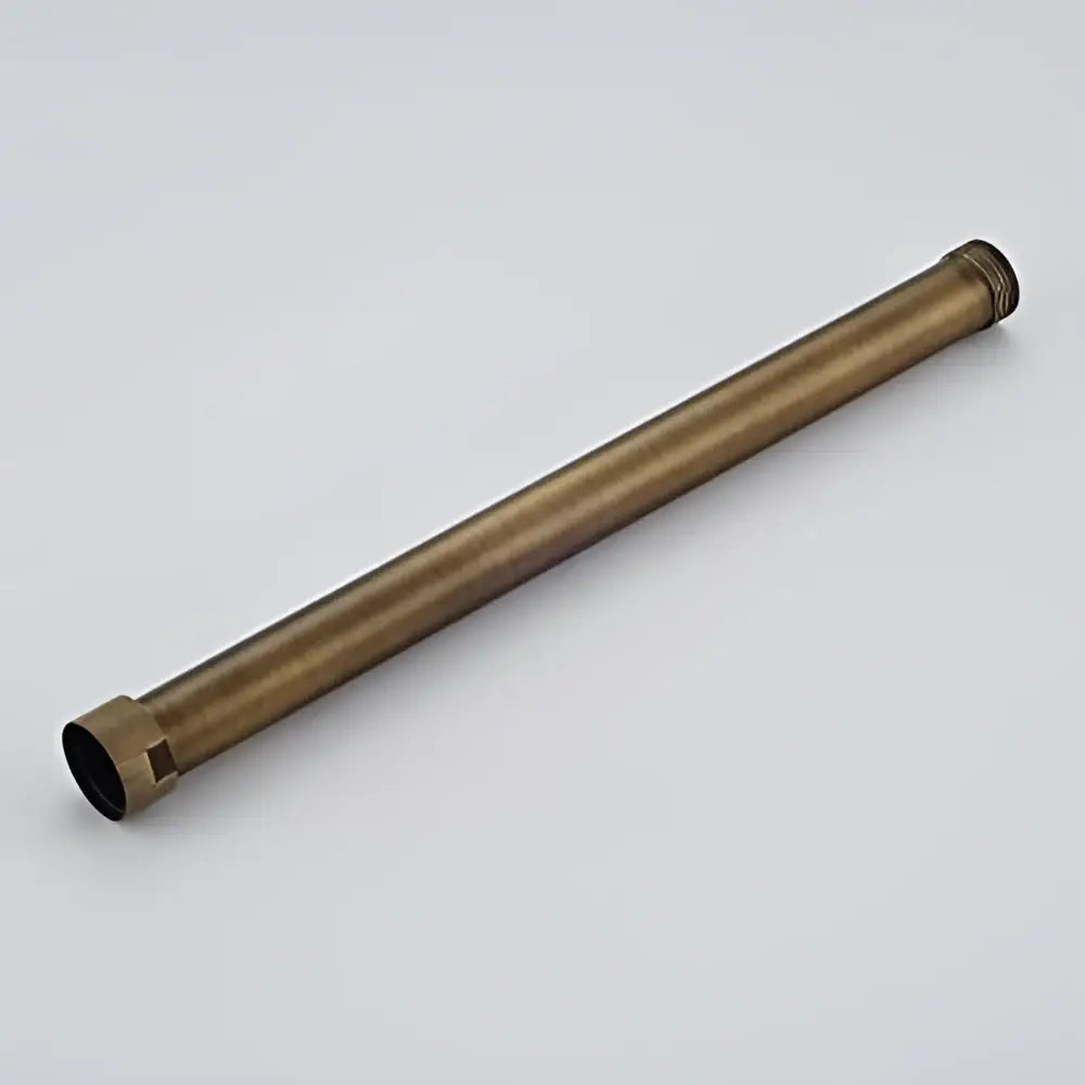 Brass-colored cylindrical shower faucet extension tube with threaded ends and matte finish for bathroom use