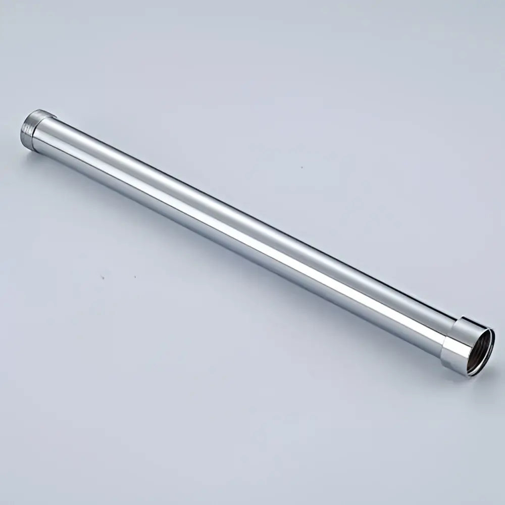 Silver metallic bicycle fork steerer tube with threaded ends used as a chrome brass shower faucet extension tube