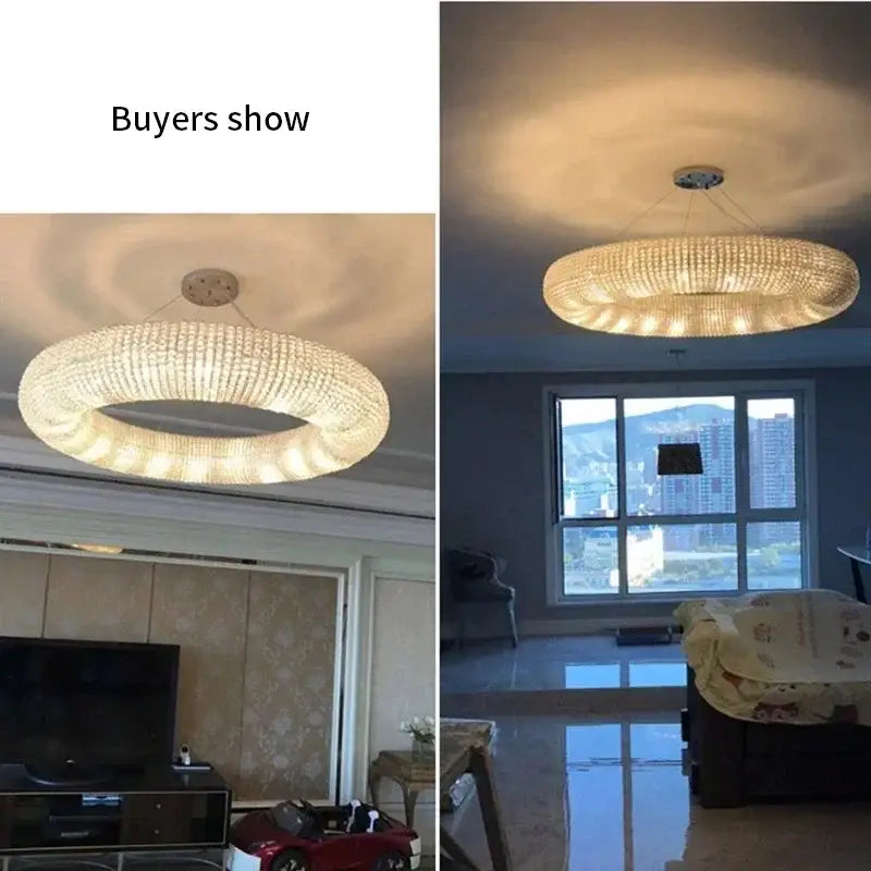 Chrome round crystal chandelier with crystal-encrusted circular design and warm glow for living room decorbites chrome round