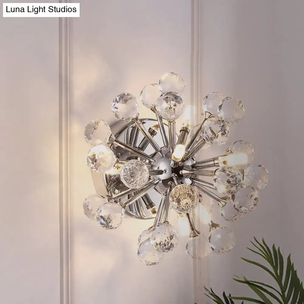 A chrome sputnik flushmount amber crystal ball ceiling light with clear faceted crystal spheres for bedroom use