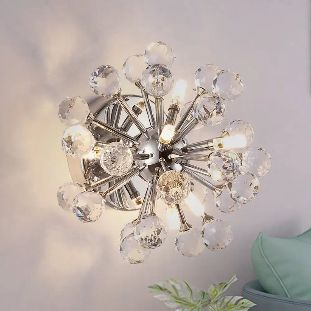 A chrome sputnik flushmount ball ceiling light with clear faceted crystal spheres for bedroom use