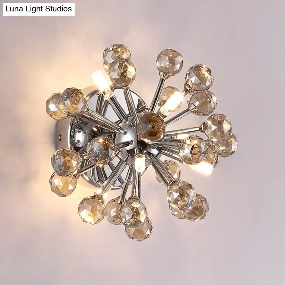 Chrome sputnik flushmount ball ceiling light with amber crystal balls and chrome base for bedroom illumination
