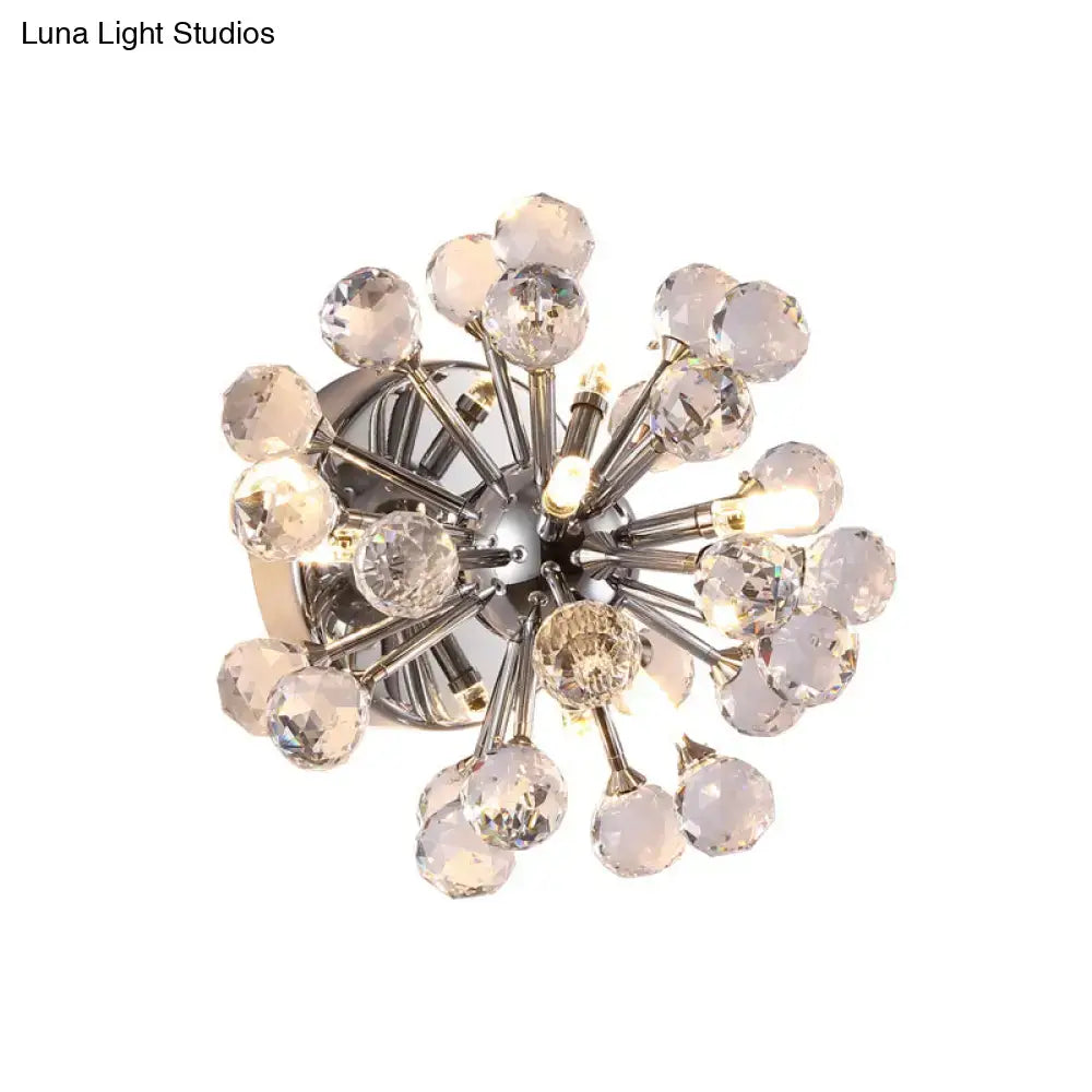 Chrome sputnik flushmount ball ceiling light with faceted clear crystals for bedroom featuring amber crystal ball ceiling design