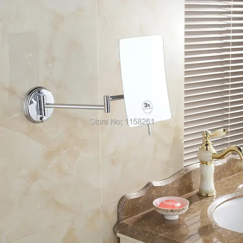 Chrome square magnifying wall makeup mirror with 3x zoom and folding arm for decorbites 3x magnifying use