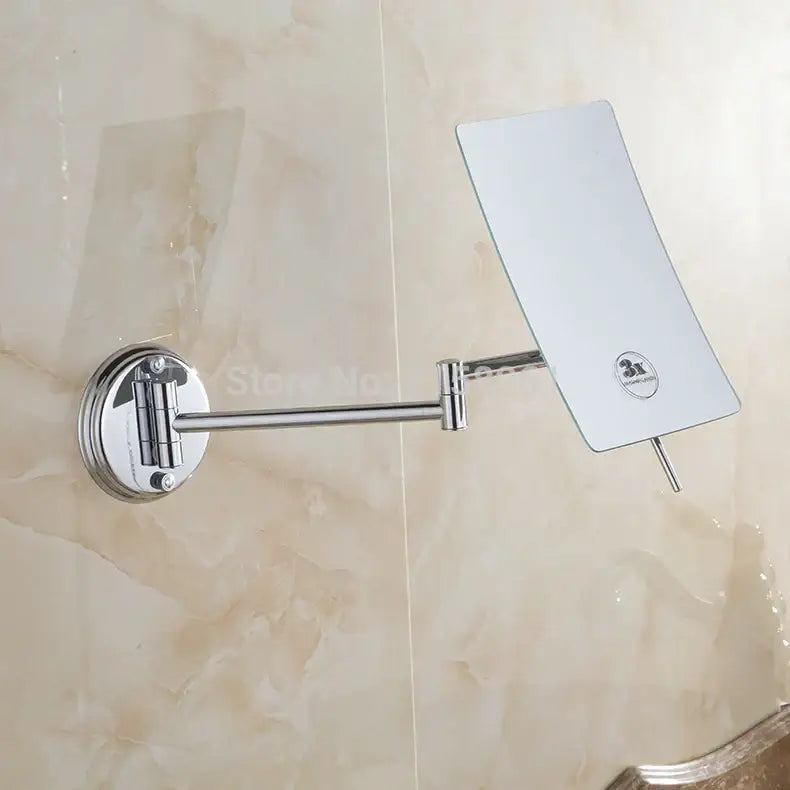 Chrome square magnifying wall makeup mirror with decorbites 3x magnifying feature and folding arm in chrome finish