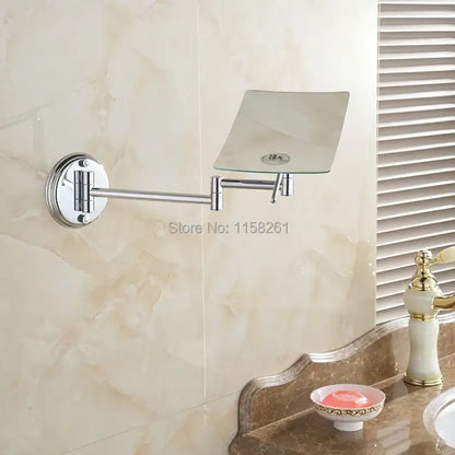 Adjustable chrome square magnifying wall makeup mirror with 3x magnifying glass and folding arm by decorbites
