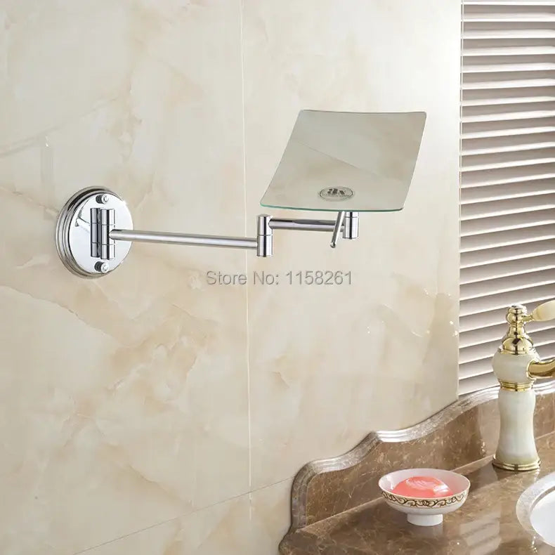 Adjustable chrome square magnifying wall makeup mirror with 3x magnifying glass and folding arm by decorbites
