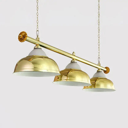 Decorbites™ brass-finished stainless steel billiard light with three dome shades for stylish game room ceiling lighting