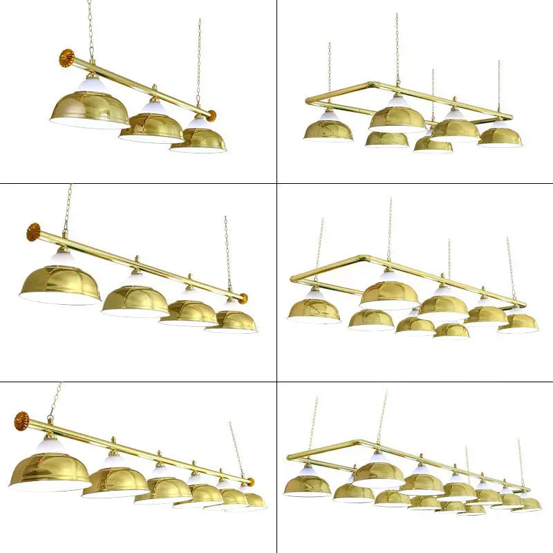 Brass pool table lighting fixture with dome shades and chain suspension for a steel billiard light game room ceiling