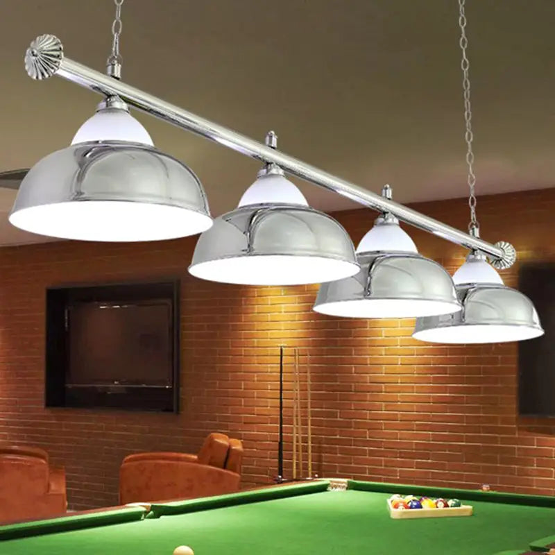 DecorBites stainless steel billiard light with chrome finish and five dome shades for game room ceiling use