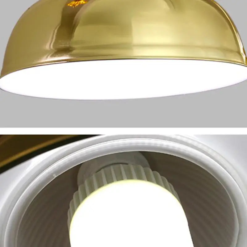 Gold-colored dome-shaped stainless steel billiard light with white interior and integrated led bulb for game room ceiling