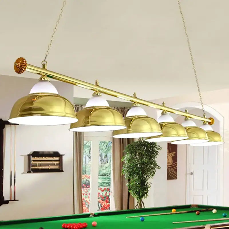 Gold-colored brass six dome shade pool table light fixture with central bar for game room ceiling stainless steel billiard use