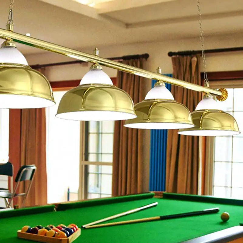 Gold-finished brass steel billiard light with white glass shades for stylish game room ceiling decor by decorbites
