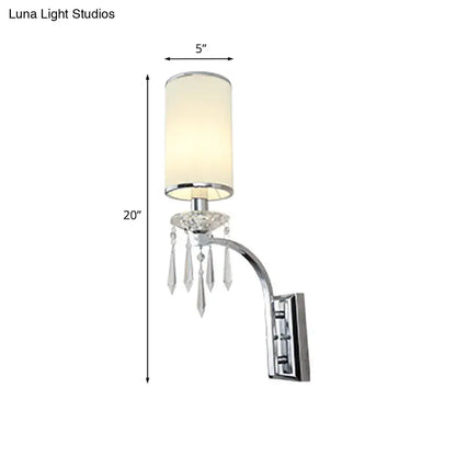 Chrome wall mounted sconce with cylindrical off-white fabric shade and crystal teardrop pendants for living room 220v-240v 110v-120v