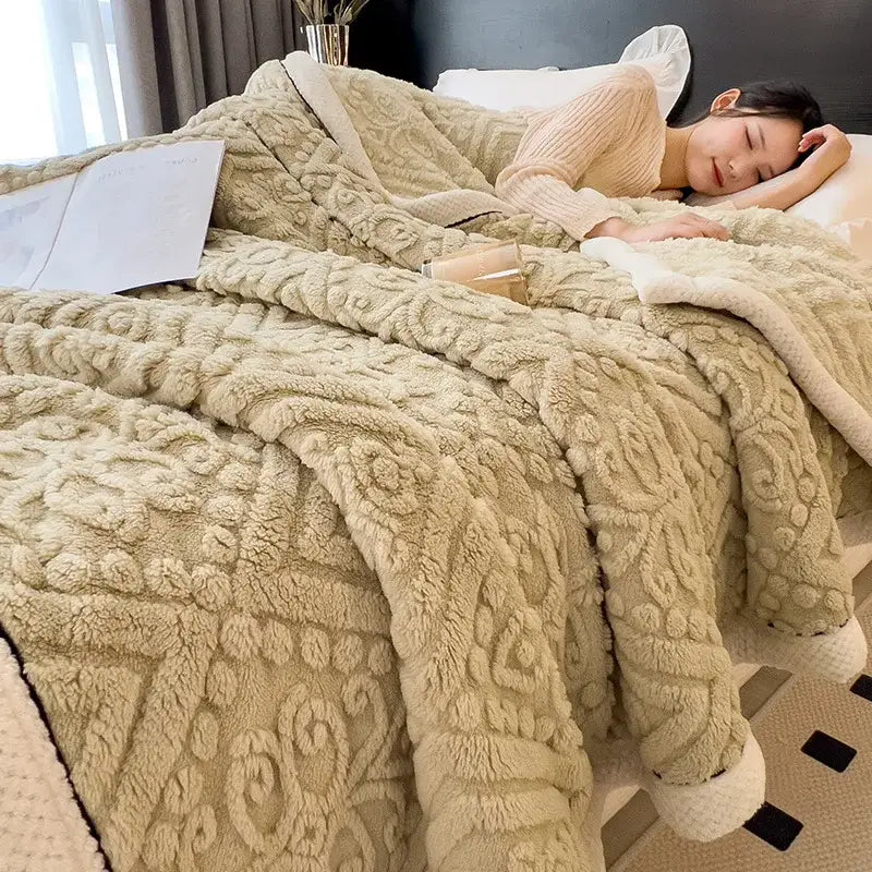 Beige plush coral fleece blanket with raised floral embroidery in chunky knit cream and black bedroom throw style