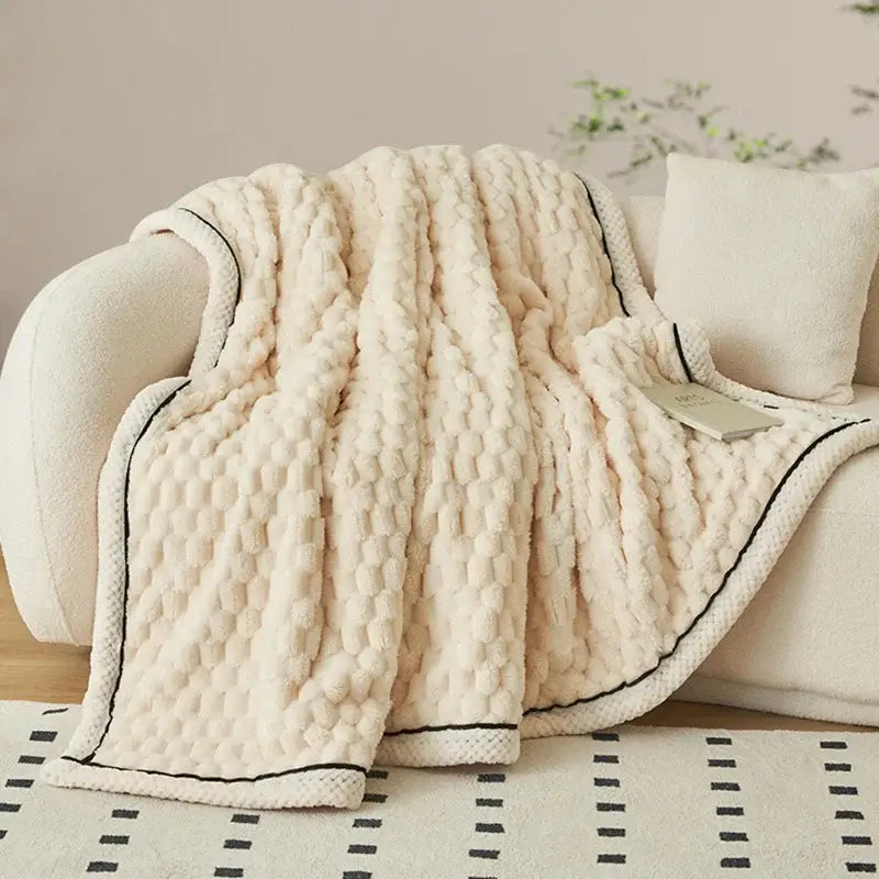 Chunky knit cream and black coral fleece blanket with black trim cozy fleece blanket for bedroom throw
