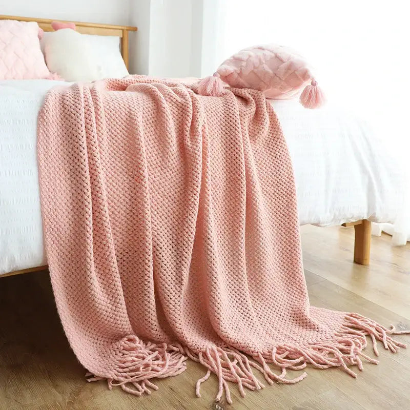 Soft pink chunky knitted leisure blanket throw with textured diamond pattern and tassels for bedroom and living room decorbites knitted leisure