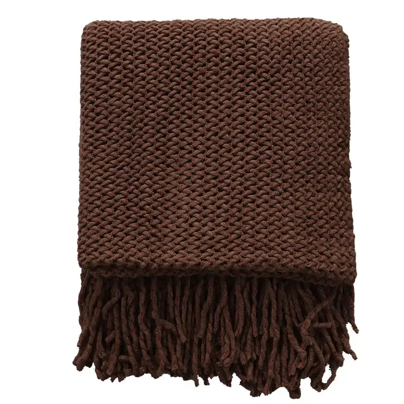 Brown chunky knitted leisure blanket throw with textured weave and fringed edges for bedroom and living room decorbites decor