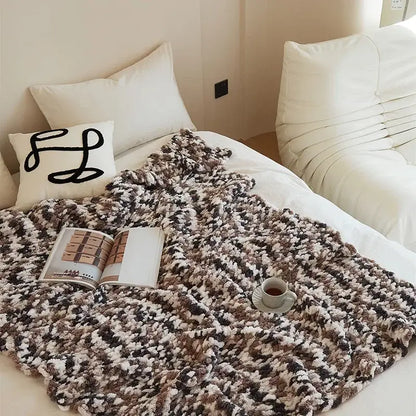 Cozy chunky knit jacquard blanket throw in mottled beige and dark brown for living room decor