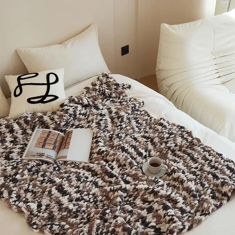 Cozy chunky knit jacquard blanket throw in mottled beige and dark brown for living room decor