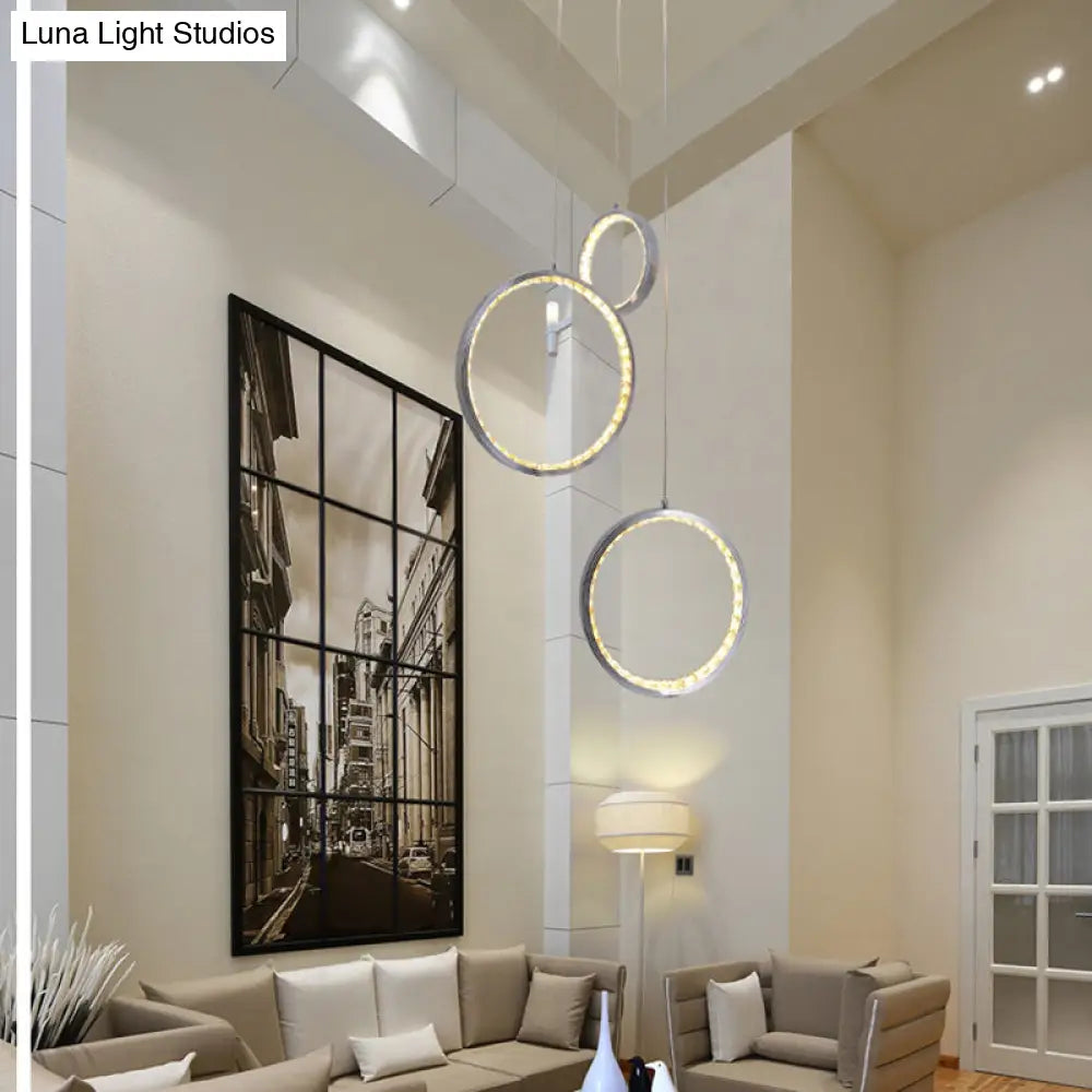 Circle Crystal Pendant Light with Cluster 3 Lights - Minimalist Design, Chrome Finish, Warm/White Lighting