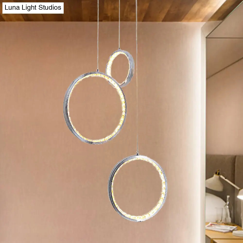 Circle Crystal Pendant Light with Cluster 3 Lights - Minimalist Design, Chrome Finish, Warm/White Lighting