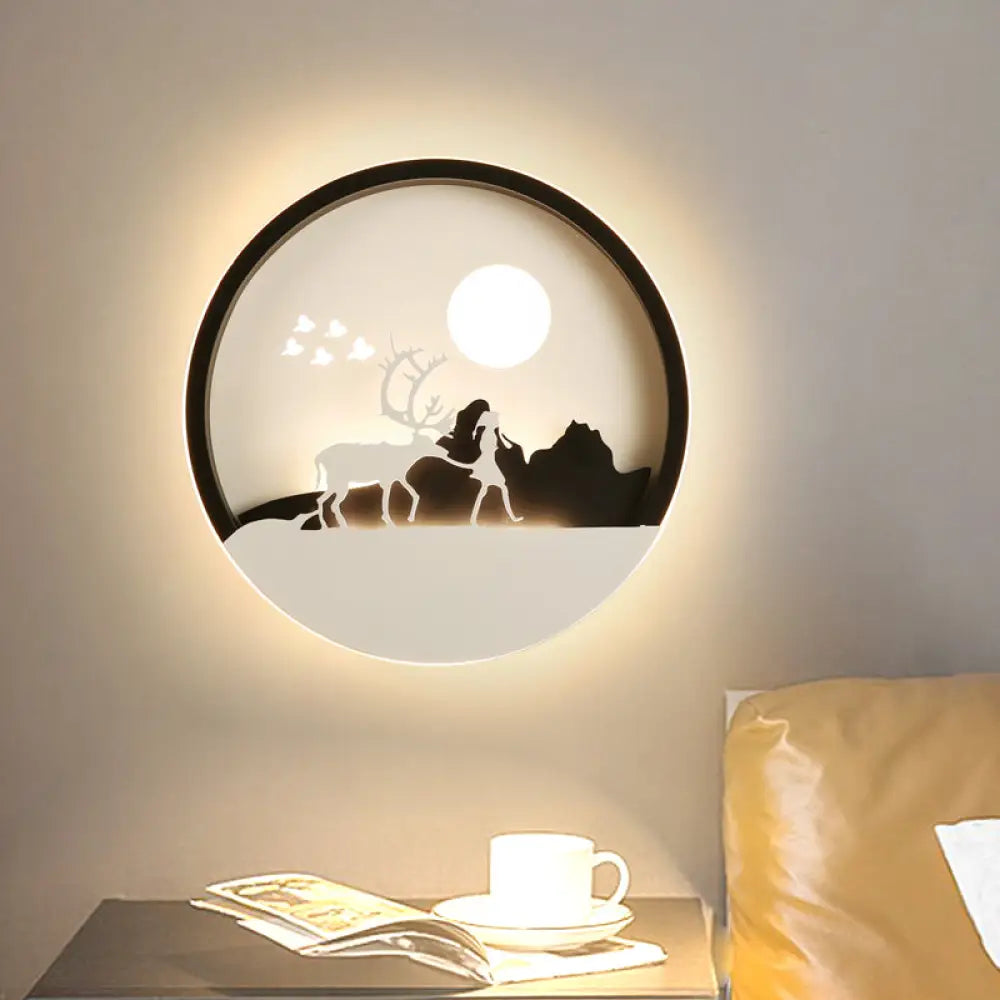 Lámpara de pared circular acrílica con diseño de ciervo en negro minimalista - Luz LED de montaje en pared