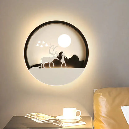 Lámpara de pared circular acrílica con diseño de ciervo en negro minimalista - Luz LED de montaje en pared
