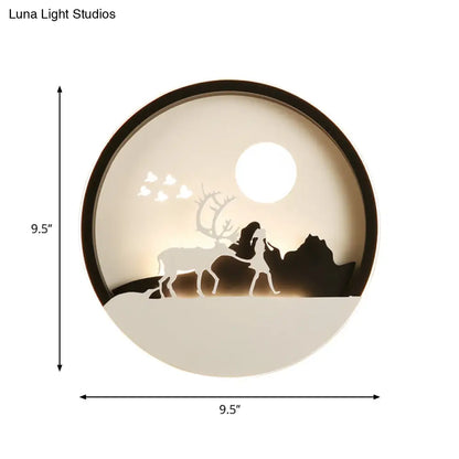 Lámpara de pared circular acrílica con diseño de ciervo en negro minimalista - Luz LED de montaje en pared