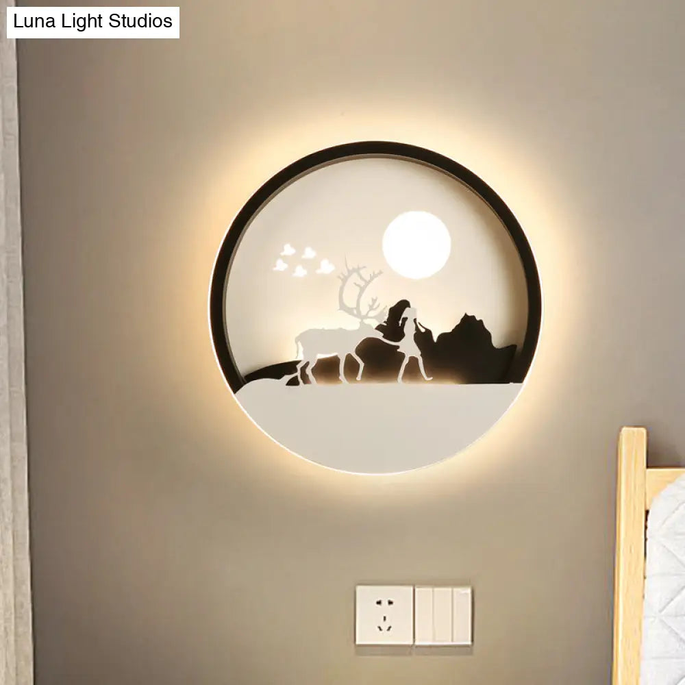 Lámpara de pared circular acrílica con diseño de ciervo en negro minimalista - Luz LED de montaje en pared