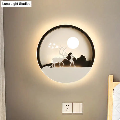 Lámpara de pared circular acrílica con diseño de ciervo en negro minimalista - Luz LED de montaje en pared