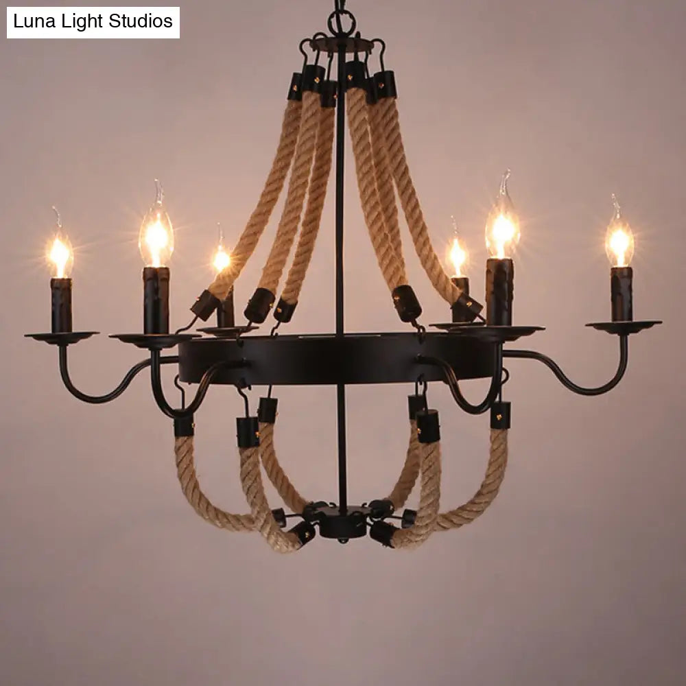 Lámpara colgante circular de metal negro con cuerda para colgar - Lámpara de techo de estilo industrial