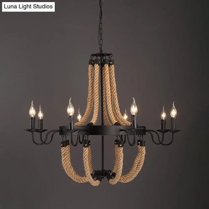 Lámpara colgante circular de metal negro con cuerda para colgar - Lámpara de techo de estilo industrial