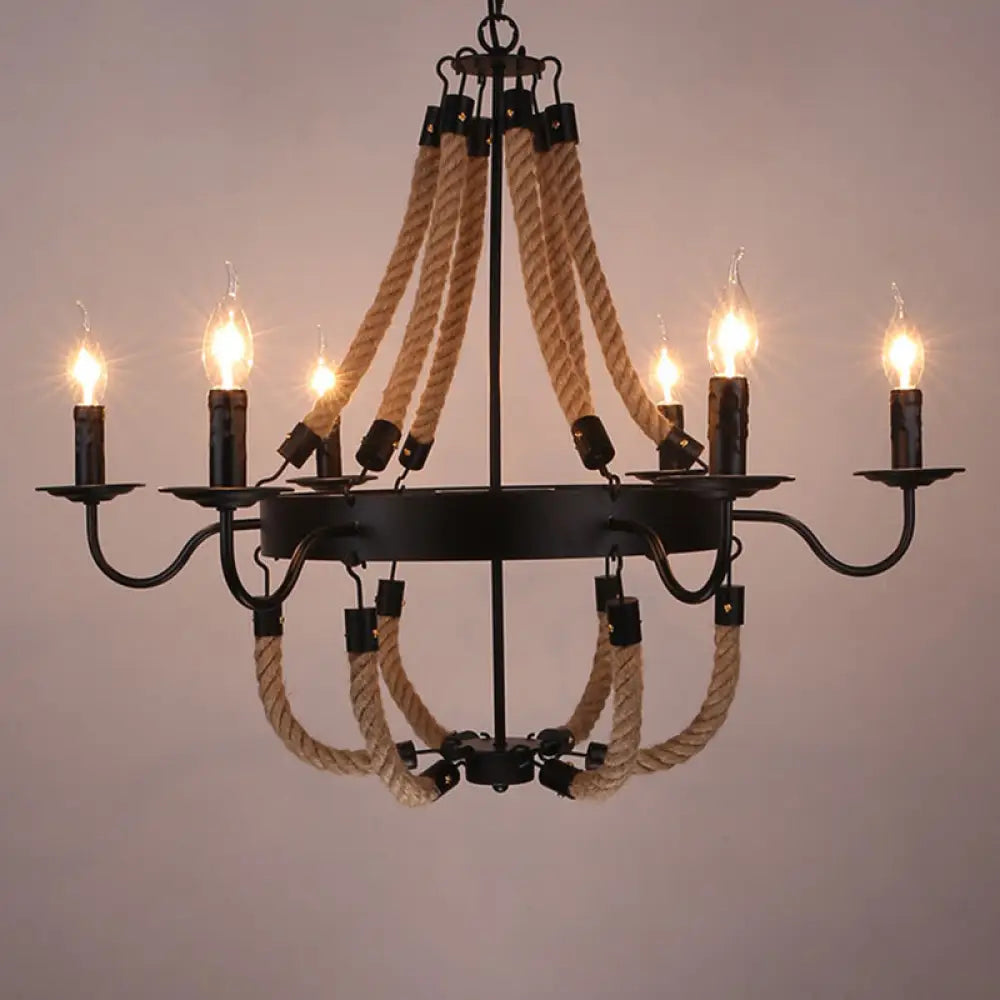 Lámpara colgante circular de metal negro con cuerda para colgar - Lámpara de techo de estilo industrial